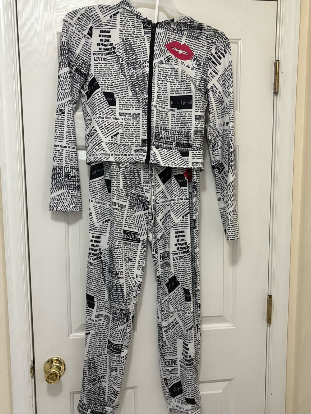 Women’s ' Newsprint Hooded Set with Red Lip Accent